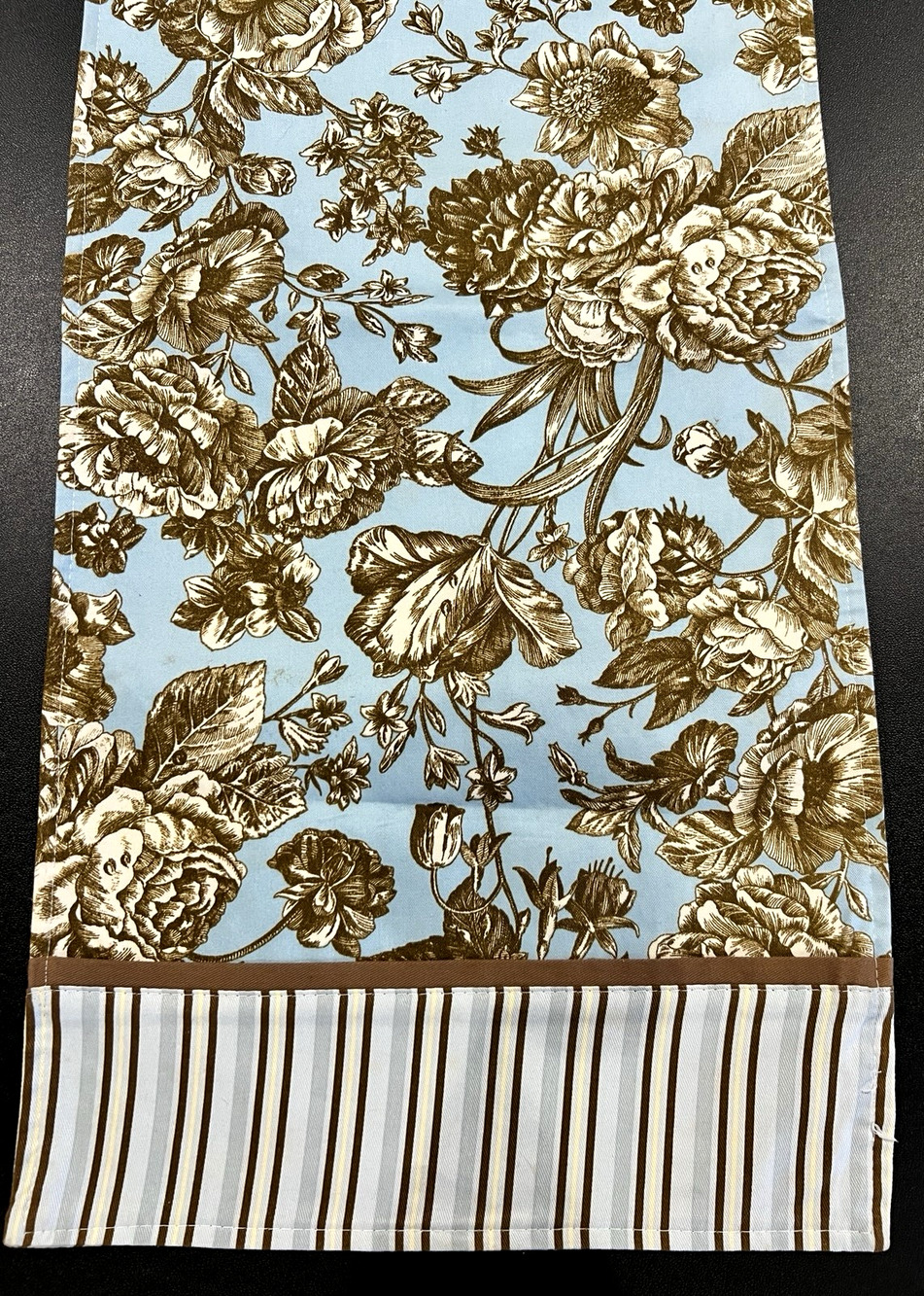 Waverly Reversible Table Runner Blue & Brown Floral Peonies & Stripes 70"x14”
